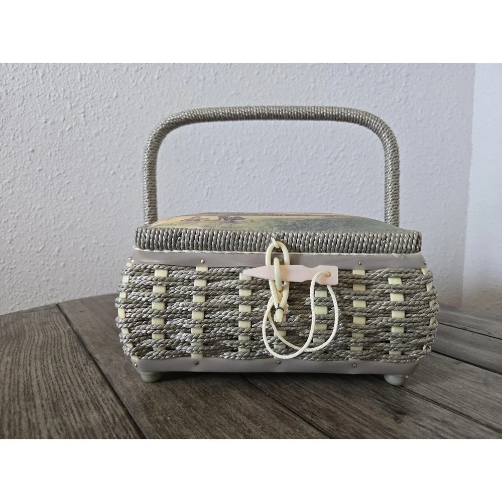Vintage Woven Wicker Sewing Storage Basket Handled Lined Country Farmhouse Scene